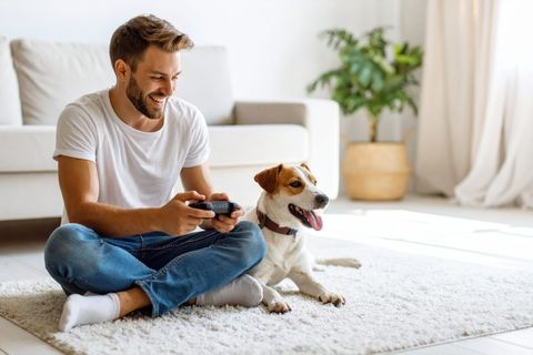 Homeowner relaxing with a dog on a freshly cleaned carpet, representative of Eglinton West homes we clean